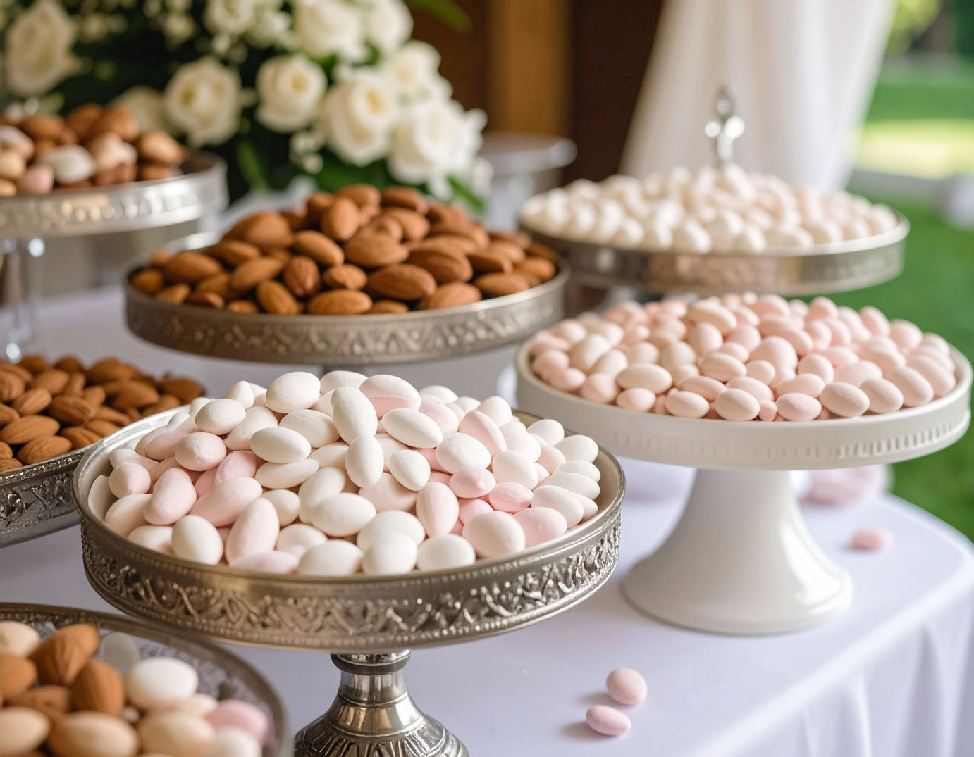 Table avec grande coupes remplies de dragées