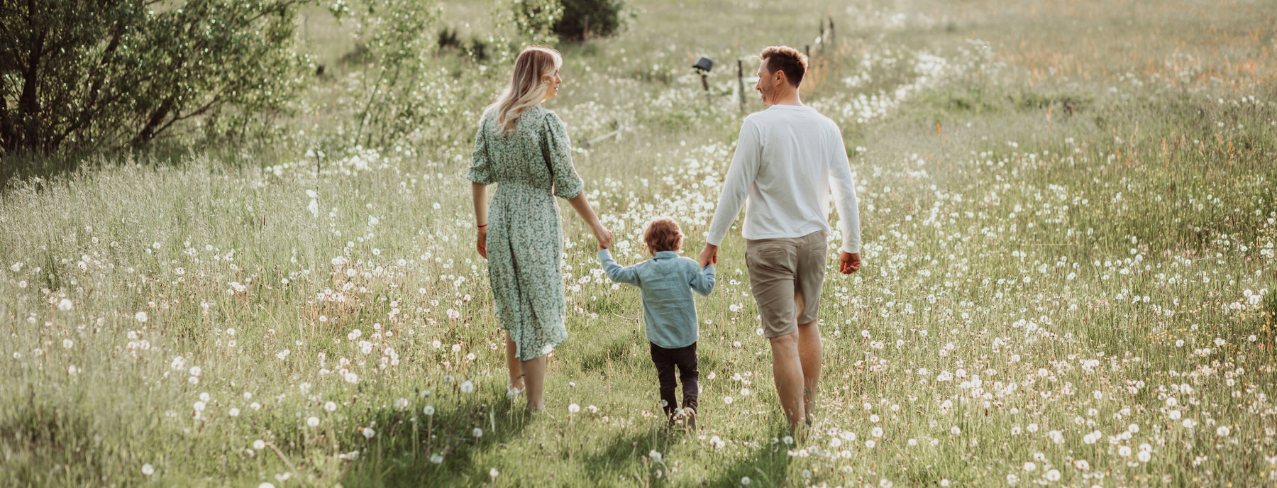 Famille main dans la main dans un champs