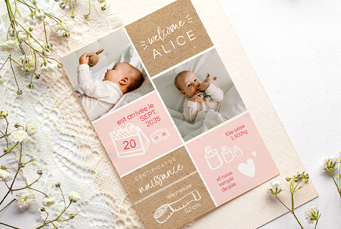 Faire-part de naissance original rose et kraft avec des photos de bébé, des pictogrammes et les informations de bébé