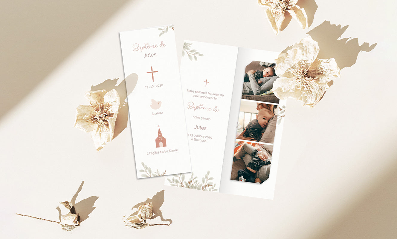 Faire-part de baptême en format marque page avec des photo de bébé