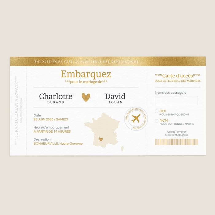 Faire-part mariage voyage Billet Voyage Or