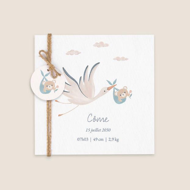 Faire-part naissance Cigogne et Doudou Ourson