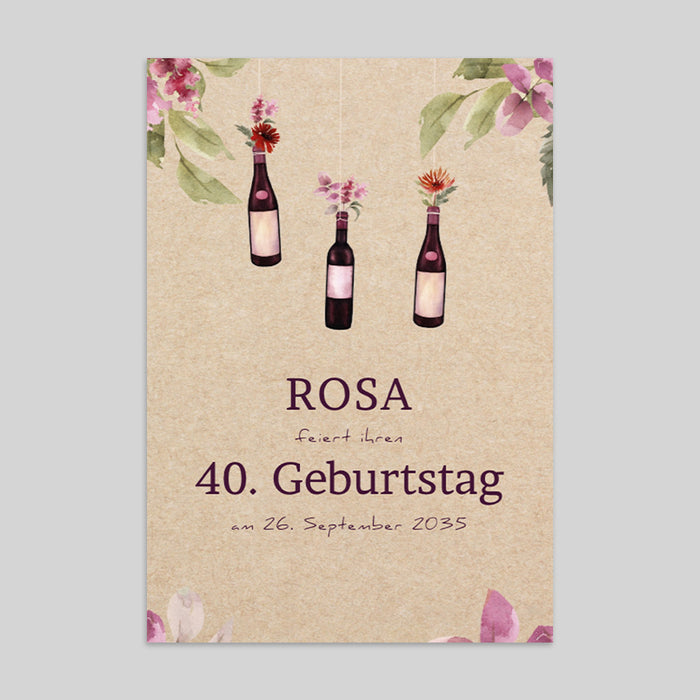 Geburtstagskarten Flaschen Wein und Blumen