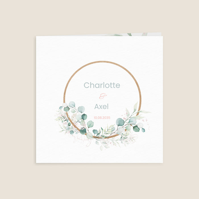 Moderne Einladungskarten Hochzeit Holzkreis und rosa Eukalyptus