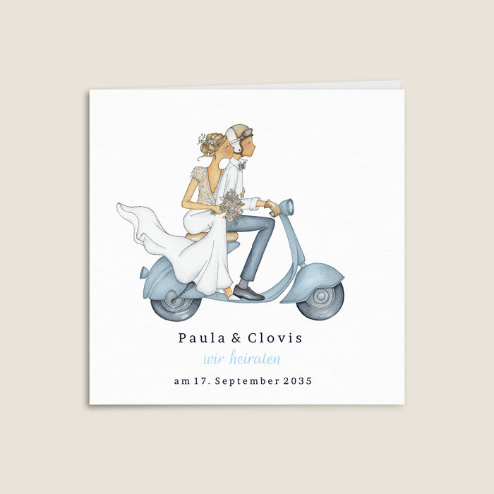 Vintage-Hochzeitseinladungen Ein Paar in einem Roller
