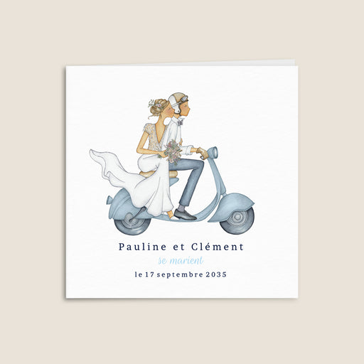 Faire-part mariage voyage Un couple en scooter