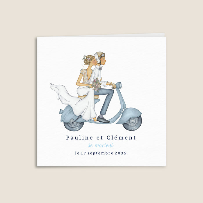 Faire-part mariage voyage Un couple en scooter