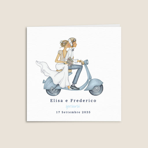 Partecipazioni di matrimonio viaggio Una coppia su uno scooter