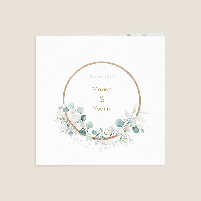 Faire-part mariage moderne Cercle bois et eucalyptus rose