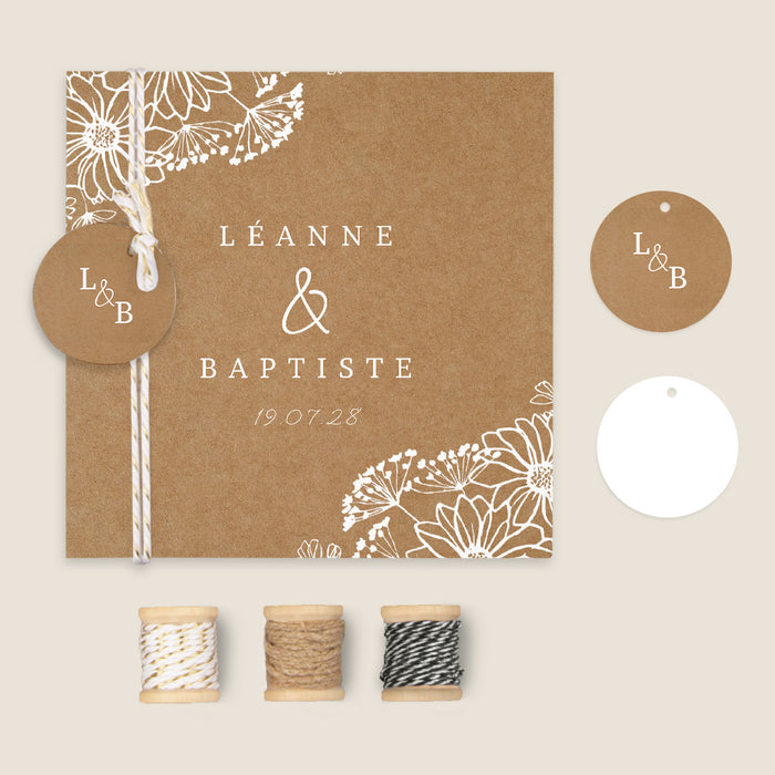 Faire-part mariage bohème Kraft et Fleurs Blanches