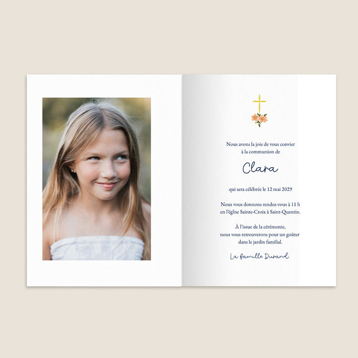 Faire-part communion Croix et couronne de fleurs
