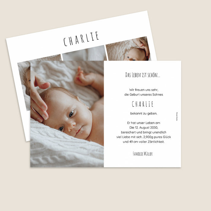 Geburtskarten Multiphotos und kleine Symbole