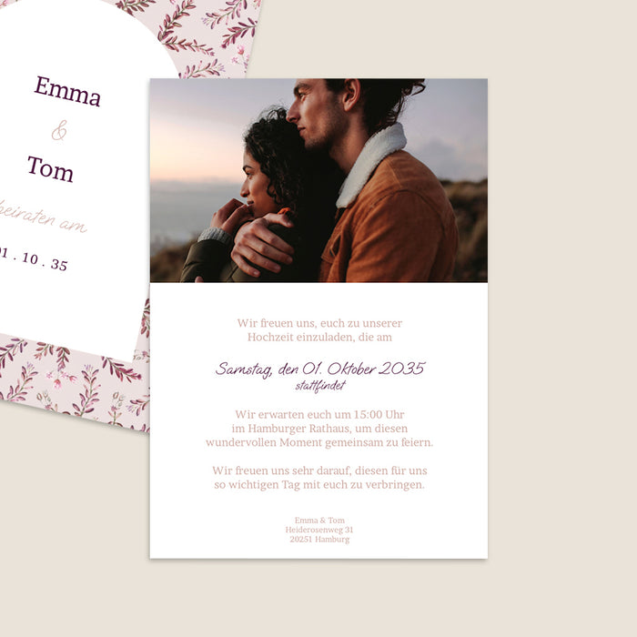 Moderne Einladungskarten Hochzeit Heidekraut und Bogen