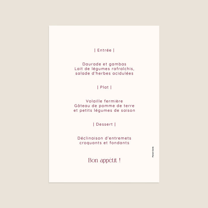 Menu de mariage Bordeaux élégant