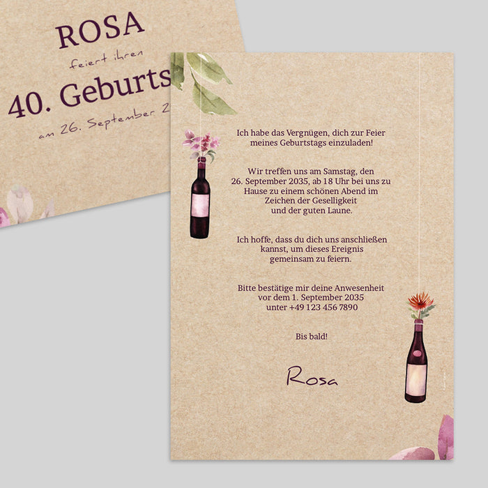 Geburtstagskarten Flaschen Wein und Blumen