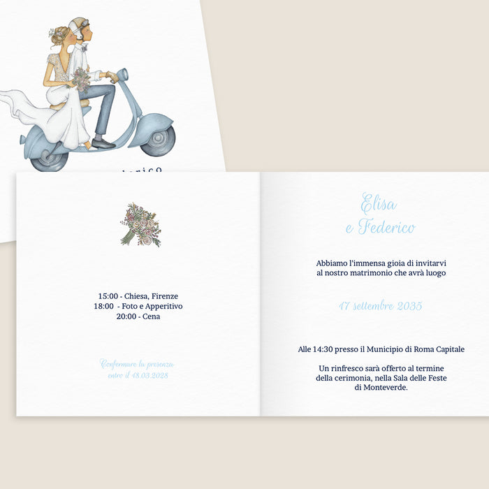 Partecipazioni di matrimonio viaggio Una coppia su uno scooter