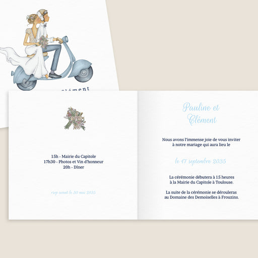 Faire-part mariage voyage Un couple en scooter