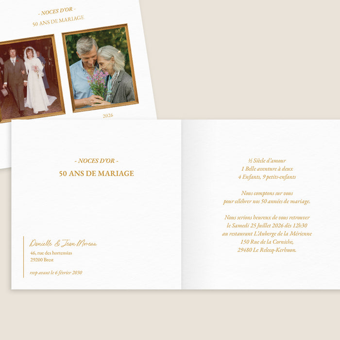 Carte invitation anniversaire mariage Noces d'or et cadre