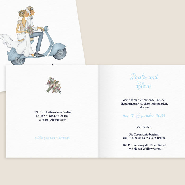 Vintage-Hochzeitseinladungen Ein Paar in einem Roller