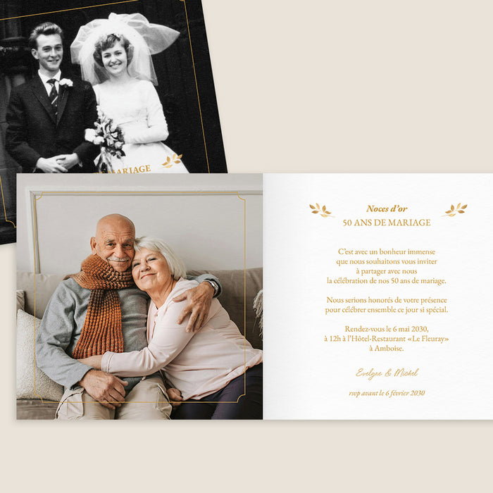 Carte invitation anniversaire mariage Noces d'or et grande photo