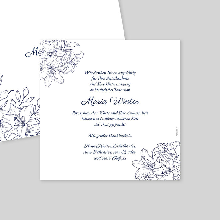 Danksagungskarten Trauer Weiße Lilien und Blau