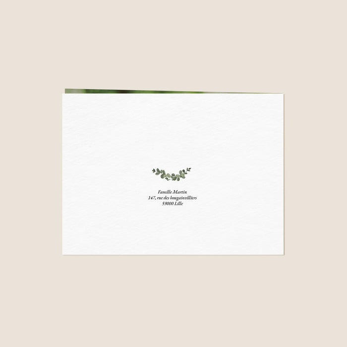 Faire-part baptême classique Couronne de feuilles, eucalyptus et croix