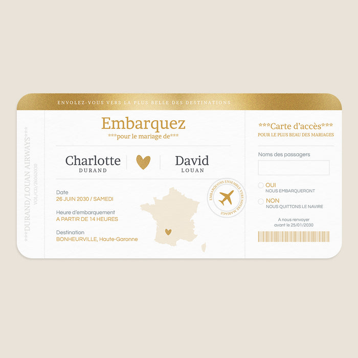 Faire-part mariage voyage Billet Voyage Or