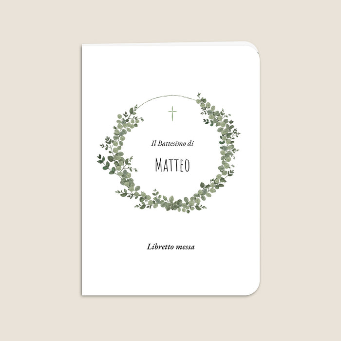 Libretto messa battesimo Ghirlanda di foglie, Eucalipto e Croce