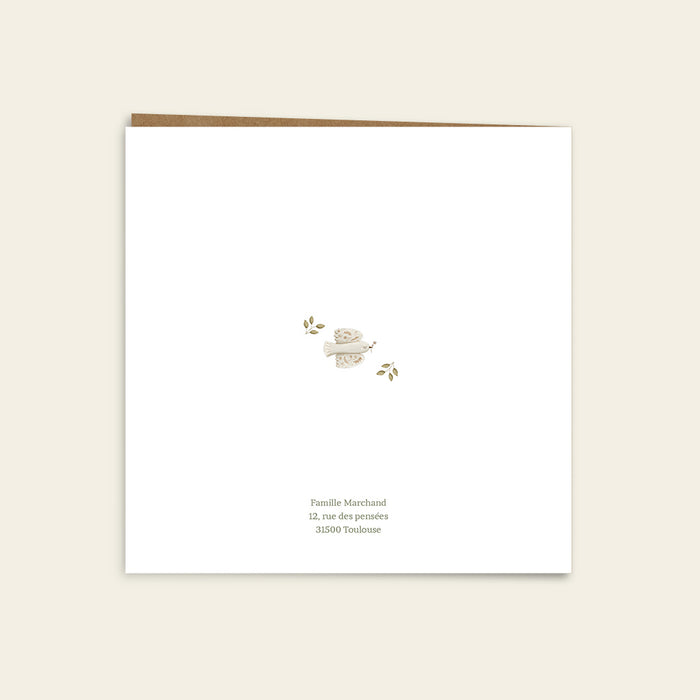 Faire-part baptême champêtre Colombe, fougère et kraft