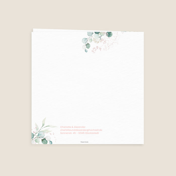 Moderne Einladungskarten Hochzeit Holzkreis und rosa Eukalyptus
