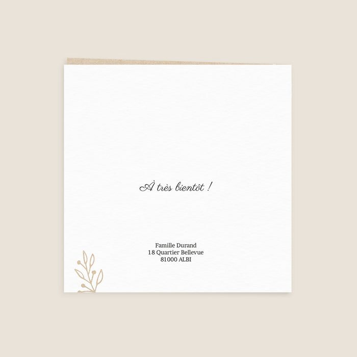 Faire-part baptême garçon Kraft et feuillage blanc