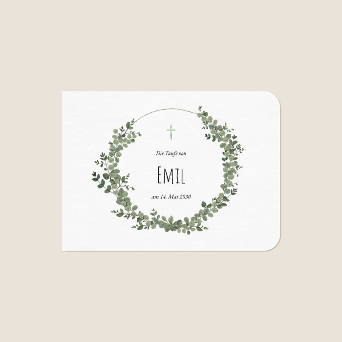 Taufkarten Blätterkranz, Eukalyptus & Kreuz
