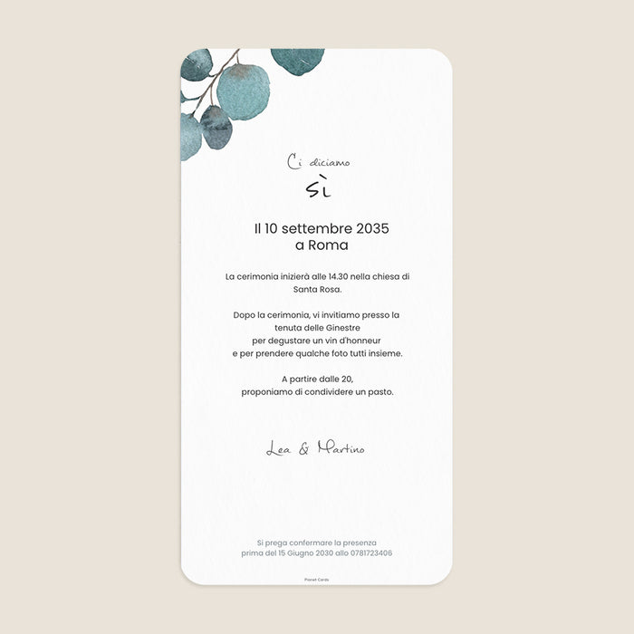  Partecipazioni di matrimonio in stile guinguette Eucalipto vegetale e luci