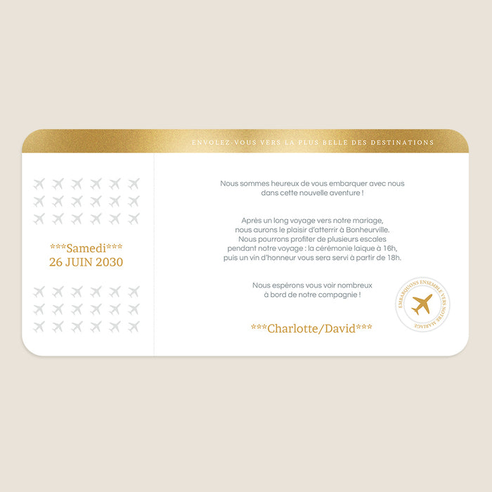 Faire-part mariage voyage Billet Voyage Or