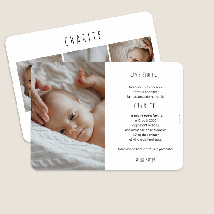 Geburtskarten Multiphotos und kleine Symbole