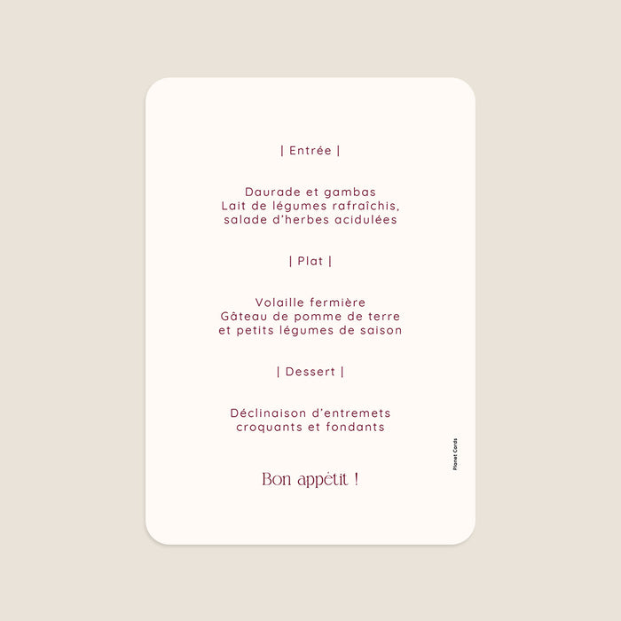 Menu de mariage Bordeaux élégant