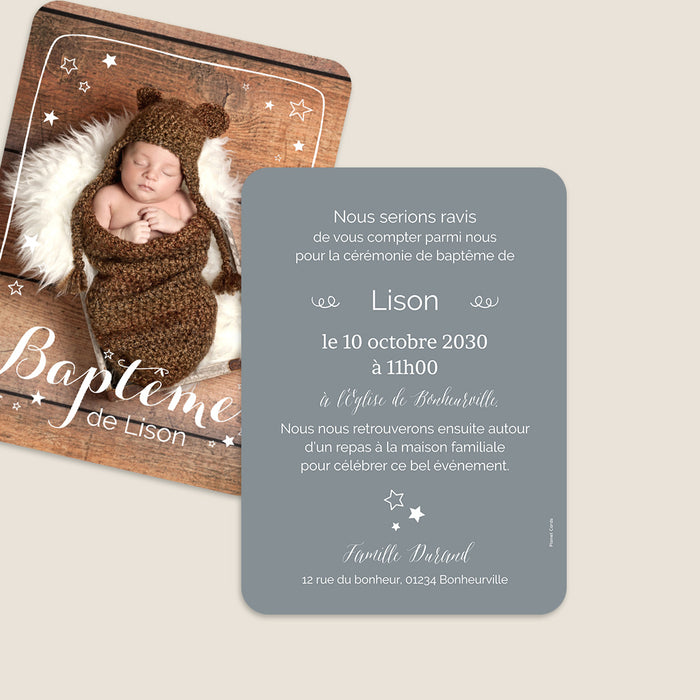 Faire-part baptême moderne Etoiles et cadre