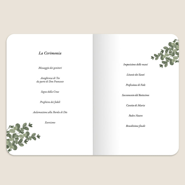 Libretto messa battesimo Ghirlanda di foglie, Eucalipto e Croce