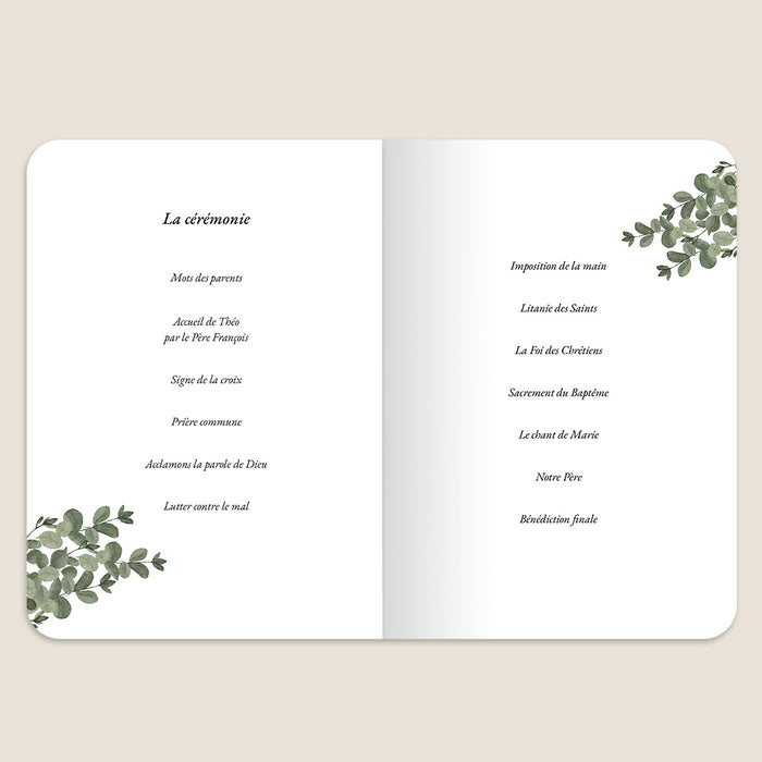 Livret de baptême Couronne de feuilles, Eucalyptus et Croix