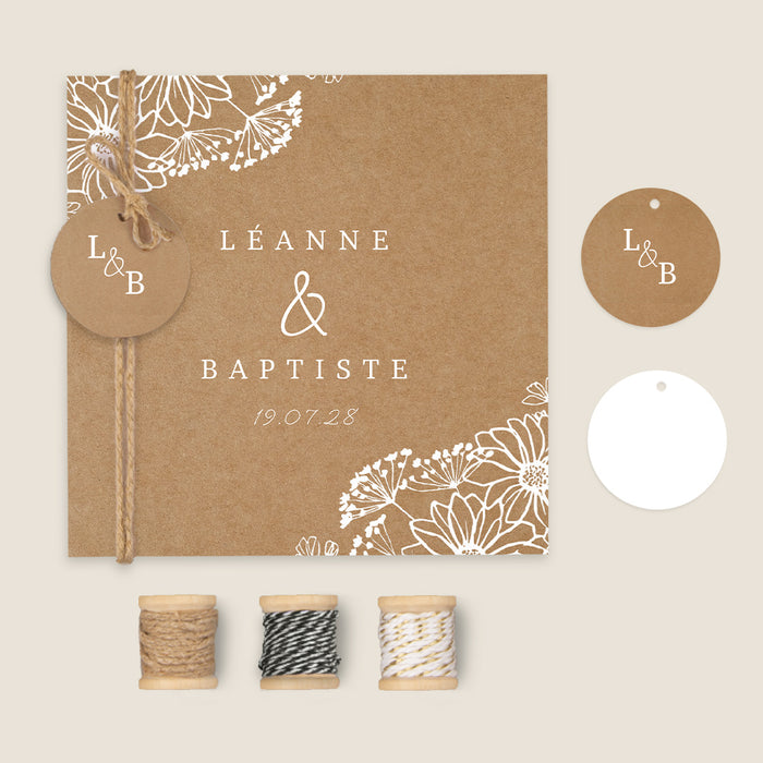 Faire-part mariage bohème Kraft et Fleurs Blanches