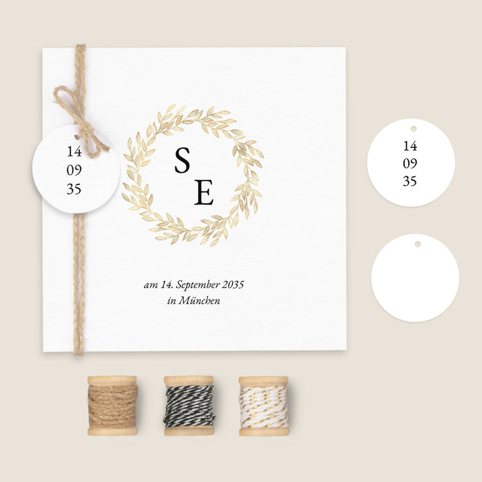 Moderne Einladungskarten Hochzeit Initialen und Blätter