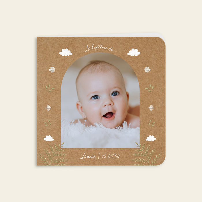 Faire-part baptême champêtre Colombe, fougère et kraft