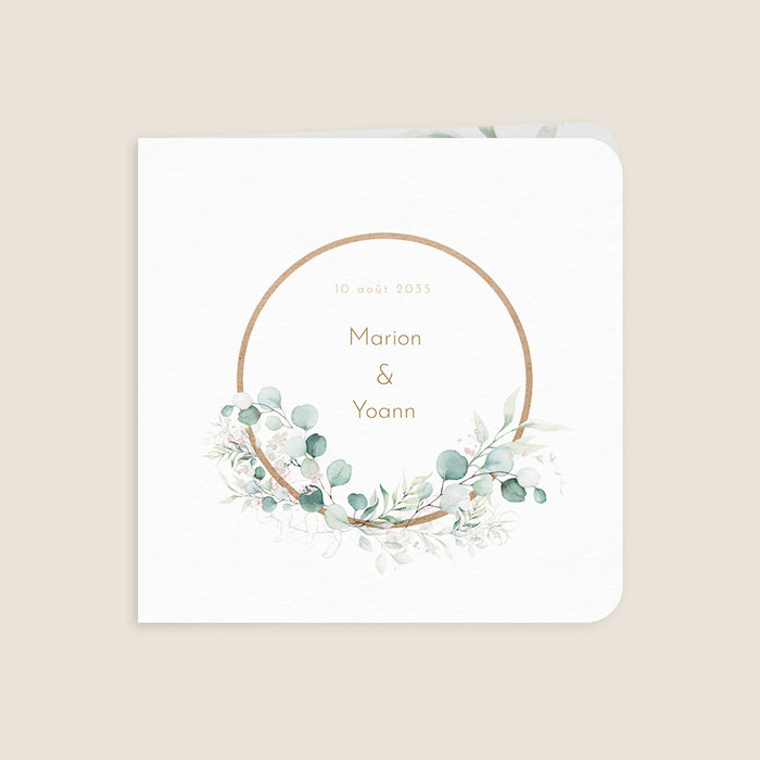 Faire-part mariage moderne Cercle bois et eucalyptus rose