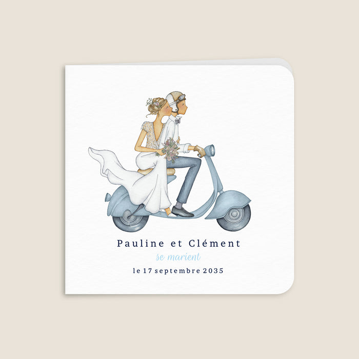 Faire-part mariage voyage Un couple en scooter