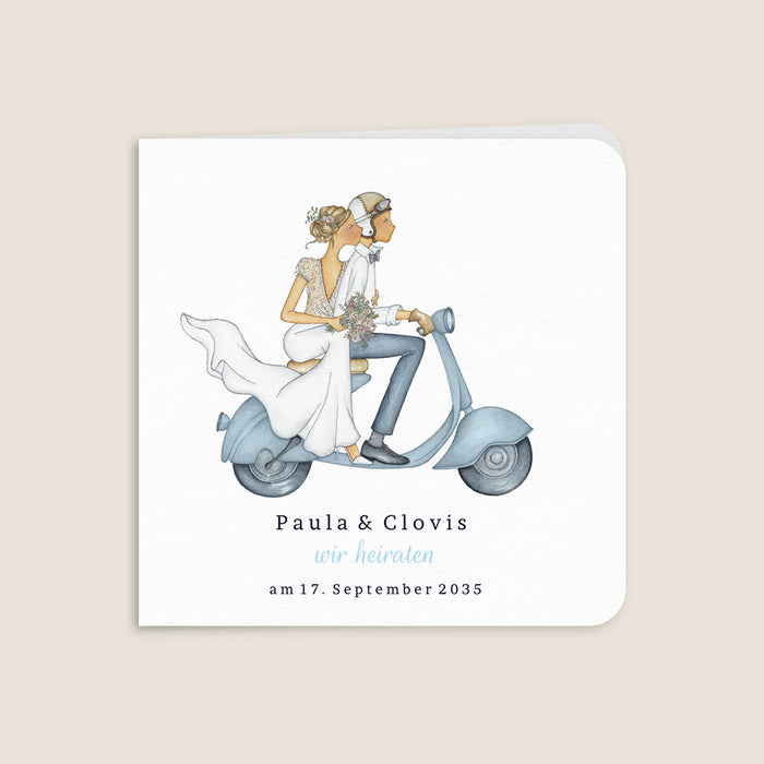 Vintage-Hochzeitseinladungen Ein Paar in einem Roller