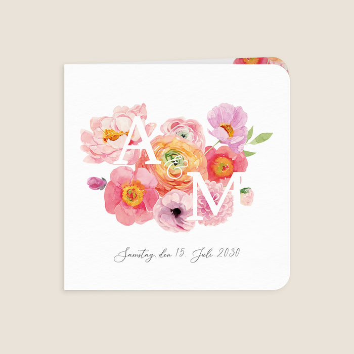 Moderne Einladungskarten Hochzeit Initialen und Blumenstrauß