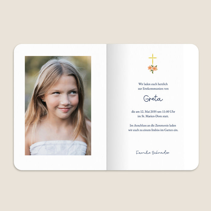 Kommunion Einladungskarten Kreuz und Blumenkranz