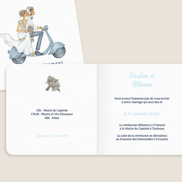Faire-part mariage voyage Un couple en scooter