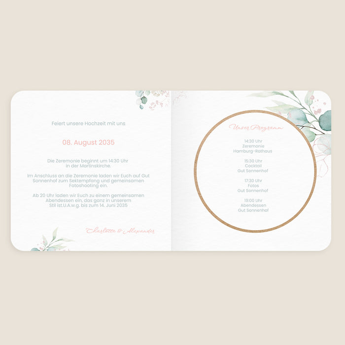 Moderne Einladungskarten Hochzeit Holzkreis und rosa Eukalyptus
