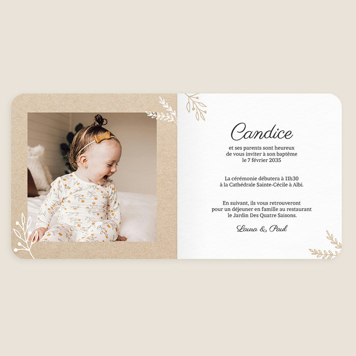 Faire-part baptême garçon Kraft et feuillage blanc